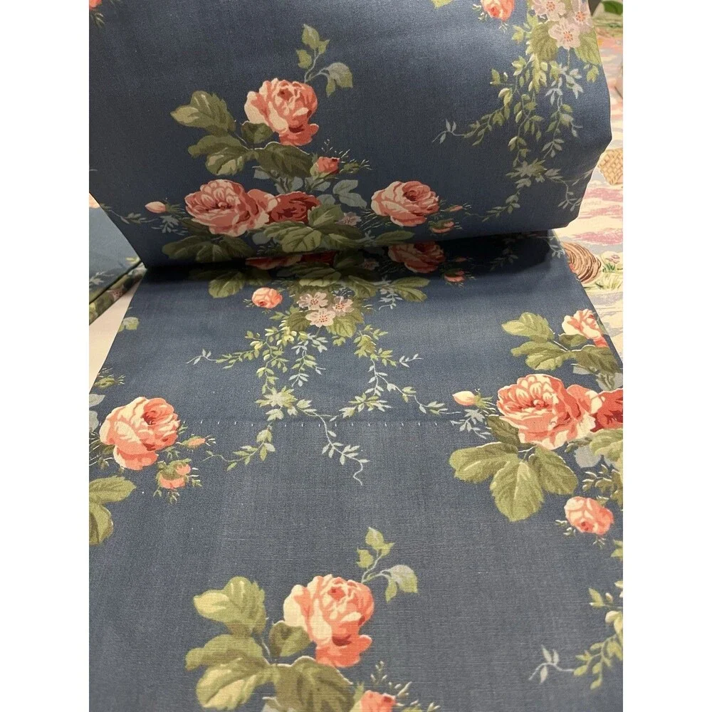 2 Croscill Blue w Pink Flowers Lined Panels Curtains 38x86” (per Panel) VTG USA